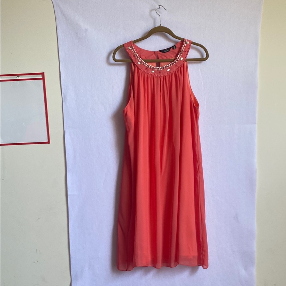 Chic Sleeveless Coral Dress with Embellished Neckline